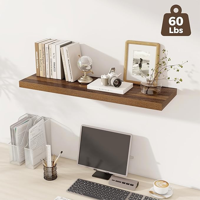 Fun Memories 12 Deep Floating Shelves, 40W x 12D Floating Shelves for Wall Set of 2, Extra Deeper Hanging Wood Shelves for Wall for Living Room Kitchen Laundry Room Kitchen Home Office - Walnut