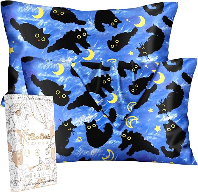 Silk Pillowcase 2 Pack - Pillow Cases 20" x 36" King Size Set of 2 for Hair and Skin Smooth Soft Breathable with Hidden Zipper Cooling Pillow Covers for Sleeping, Blue Moon Cat