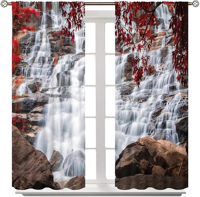 Waterfall Blackout Windows Curtains, Waterfall Red Forest Pattern Nature View Curtains, for Living Room Bedroom 55x63in 2 Panels