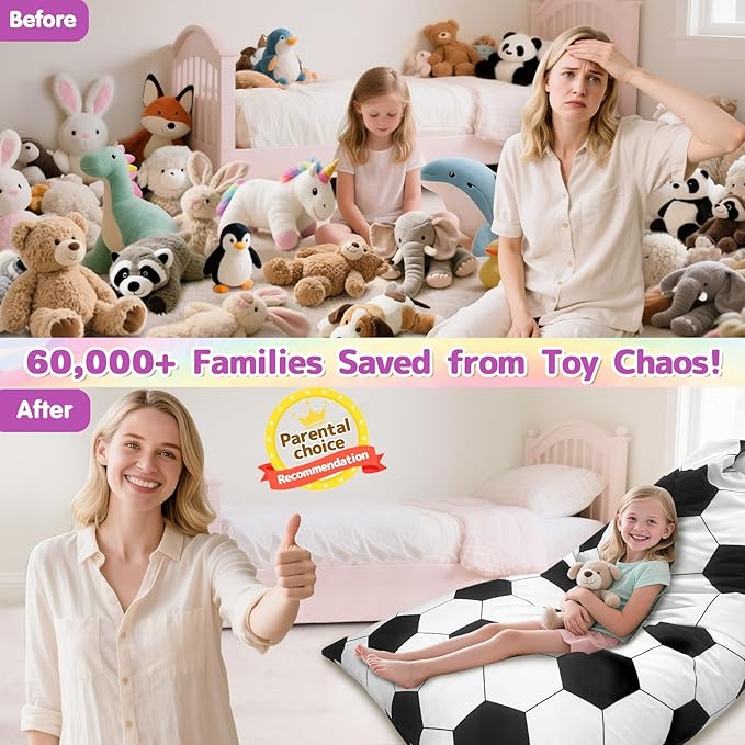Jorbest Stuffed Animal Storage, Soccer Stuffed Animal Bean Bag Storage, Soccer Bean Bag Chair Cover for Kids, Luxury Velvet Stuffie Seat - Cover ONLY (200 L/52 Gal)