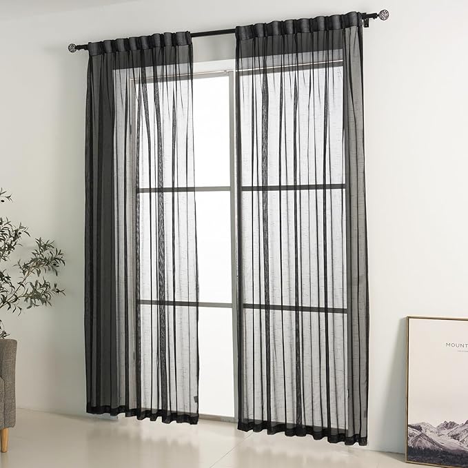 Black Linen Look Pinch Pleated Sheer Curtains 96 Inches Long 2 Panels, 50 Inches Width, Rustic Textured Light Filtering Drapes, Dark Moody Window Curtain with Hooks