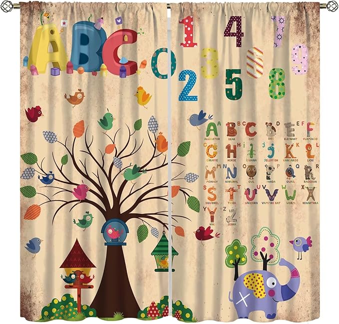 Animal Alphabet Numbers Tree Curtain Learning ABC Letters Birds Numbers Home Printed Rod Pocket Window Treatments for Bedroom Living Room Playroom Nursery 42" W X 63" L