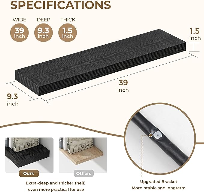Dreamland 40 Inches Floating Shelves for Wall, 9.3" Deep Long Floating Shelves Set of 2, Large Display & Storage Shelf, Wall Shelf for Bathroom Bedroom Living Room Kitchen Office, Black