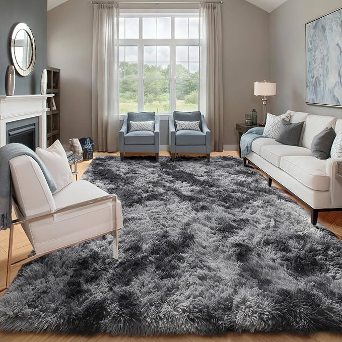ONASAR 6x9 Area Rugs for Living Room Bedroom, Tie-Dyed Dark Grey Washable Large Fluffy Bedside Throw Rug, Soft Plush Shaggy Fuzzy Floor Carpet for Nursery Kids Girls Boys Teen Dorm Home Decor