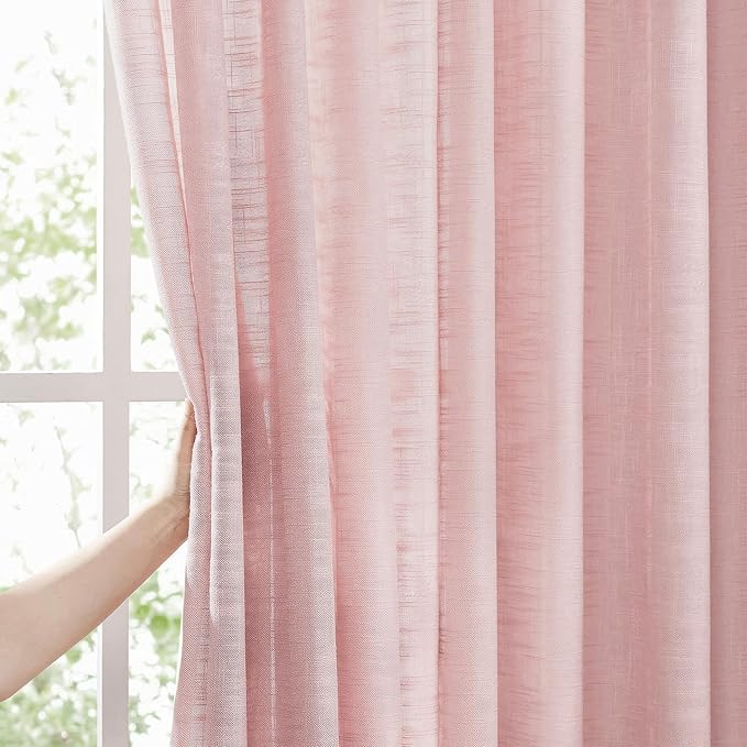 FMFUNCTEX Linen Textured Semi Sheer Pink Curtains for Bedroom Living Room, Blush Pink Curtain Panels 84 Inches Long Sheer Window Drapes Farmhouse Light Filtering 2 Panels Rod Pocket