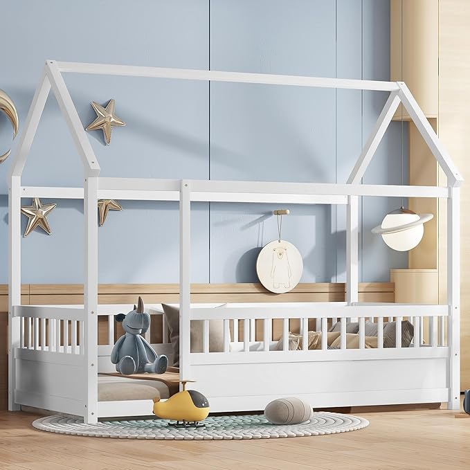 Twin Size House Bed with High Fence for Kids,Twin Floor Bed Frame, Kids Montessori Bed Twin Size,Solid Wood House Bed Frame for Boys,Girls,White