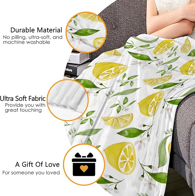 Thuswarm Watercolor Lemon Fruit Print Flannel Throw Blanket Warm Cozy Soft Funny Print Blankets for Bed Couch Sofa Room Decoration Gifts 120”×90” Extra Large for Family