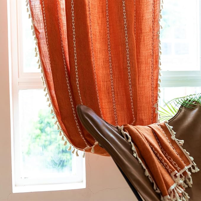 Deeprove Orange Boho Curtains 108 inches Extra Long for Bedroom Living Room, Vintage Chic Bohemian Embroidery Light Filter Privacy Fringe Window Treatments Fall Halloween Decor, W52 x L108, 1 Panel