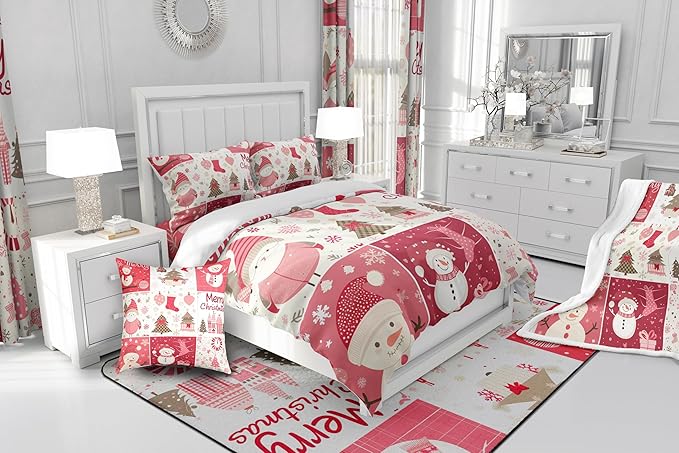 Christmas Tree Bedding Set Full Size,Merry Christmas Comforter Set for Kids Boys Girls Room Decor,Snowman Christmas Tree Snowflake Duvet Insert 3Pcs,Cartoon Plaid Patchwork Quilt Set,2 Pillowcases