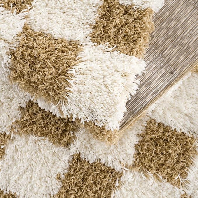 BoutiqueRugs Atira Modern Checkered Shag Rug - High Pile Fluffy Shaggy Carpet for Hallway, Nursery, Playroom, Girls Boys Room - Yellow, Cream, White, Mustard - 2'7" x 10' (2x10)