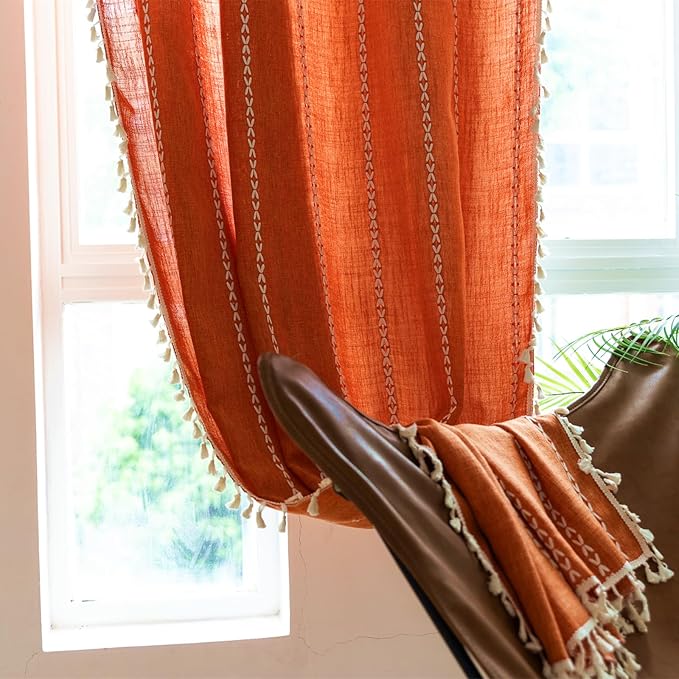 Deeprove Orange Boho Curtains 63 inches Length for Kitchen, Vintage Bohemian Embroidery Farmhouse Cotton Linen Autumn Country Tassel Window Treatments Fall Thanksgiving Decor, W52 x L63, 1 Panel