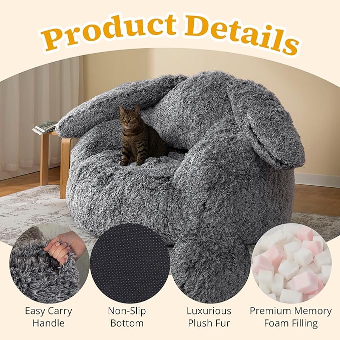 Bean Bag Chair for Adults Kids Giant Fluffy Plush Bean Bag Sofa with Filler Faux Fur Rabbit Shaped Beanbag Chairs Comfy Accent Floor Couch for Gaming, Reading in Bedroom, Living Room, Dorm