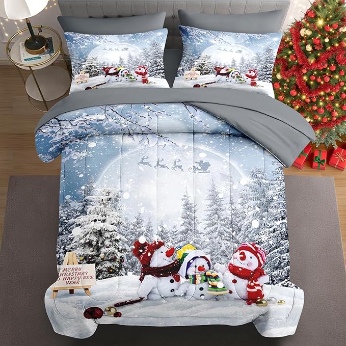 5 Pcs Twin Size Christmas Comforter Set with Pillowcase & Sham, Winter Snowy Forest Bedding for Kids and Adults, Happy Xmas Snowman Bed in a Bag with Flat Fitted Sheet