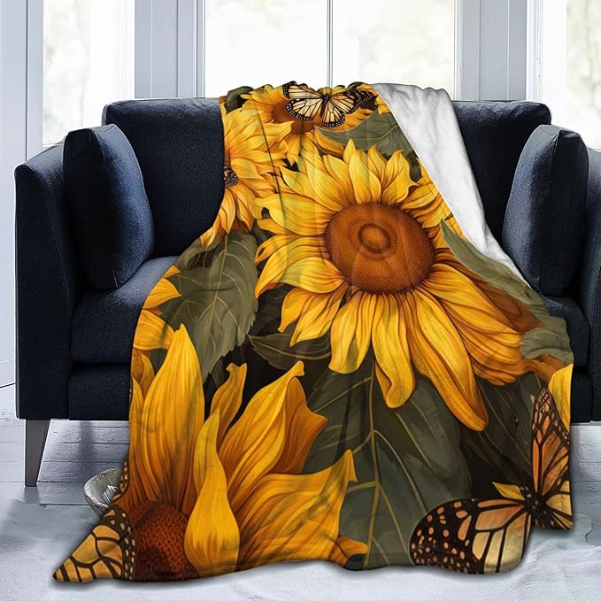 Sunflower Butterfly Blanket Gifts for Girls Women Floral Flannel Throw Blankets for Home Couch Bed Sofa Soft Fuzzy Lightweight Decor All Season 50x40 Inches