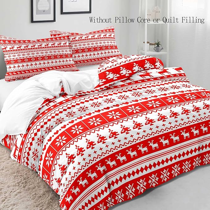 LUVIVIHOME 2PCS Christmas Duvet Cover Twin Bedding Set, White Red Duvet Cover, Reindeer Snowflake Poinsettia Christmas Tree Holiday New Year Xmas Striped Comforter Quilt, 1 Pillow Sham