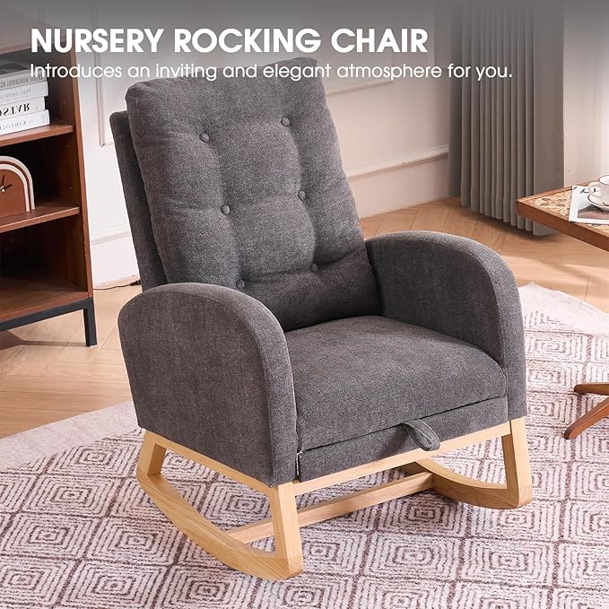 NIOIIKIT Nursery Rocking Chair, Linen Upholstered Glider Chair with Footrest, Tufted Rocker Recliner with Side Pocket, Comfy Recliner Glider, Accent Chair for Living Room (Grey Linen)