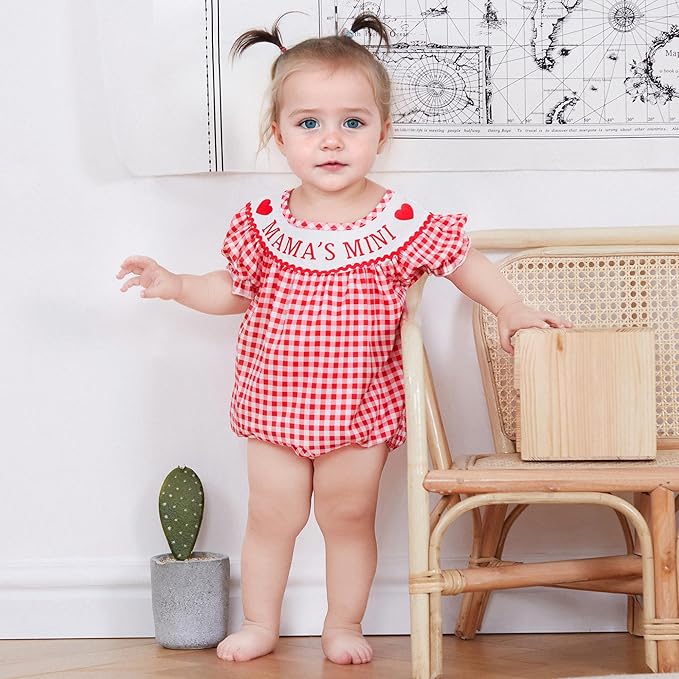 Newborn Baby Girl Romper Mamas Mini Bow Plaid Print Puff Sleeve Smocked Bubble Romper Jumpsuit Bodysuit Clothes