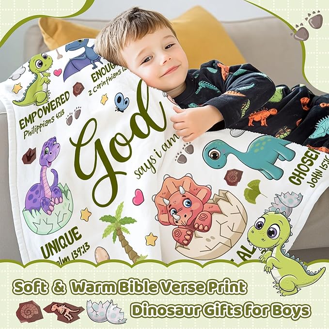 Bible Verse Blanket, Christian Gifts, God Says I am Print Dinosaur Blankets, Meaningful Thoughtful Religious Baptism Gift for Son,Dinosaur Lovers Room Bed Decoration, 50"x60"