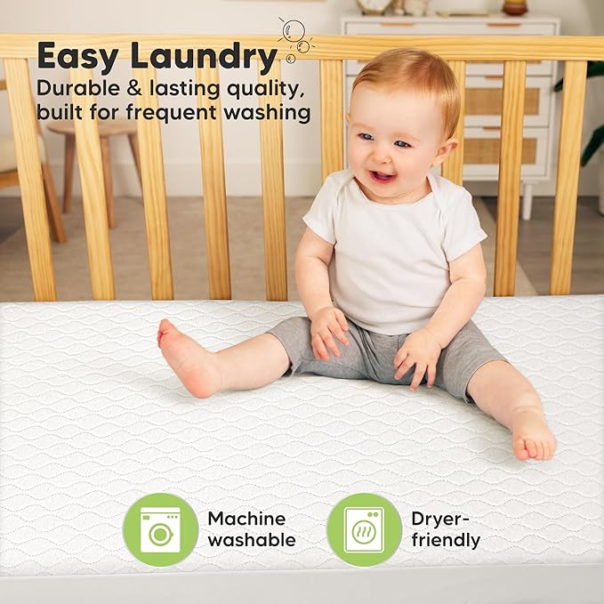 Waterproof Crib Mattress Protector Cover Fitted - 2-Pack Quiet Baby Crib Mattress Pad Sheets, 52" x 28" Soft Quilted Cotton Baby Sheet, Machine Washable, Easy Fit, Durable(Soft White/Mavy)