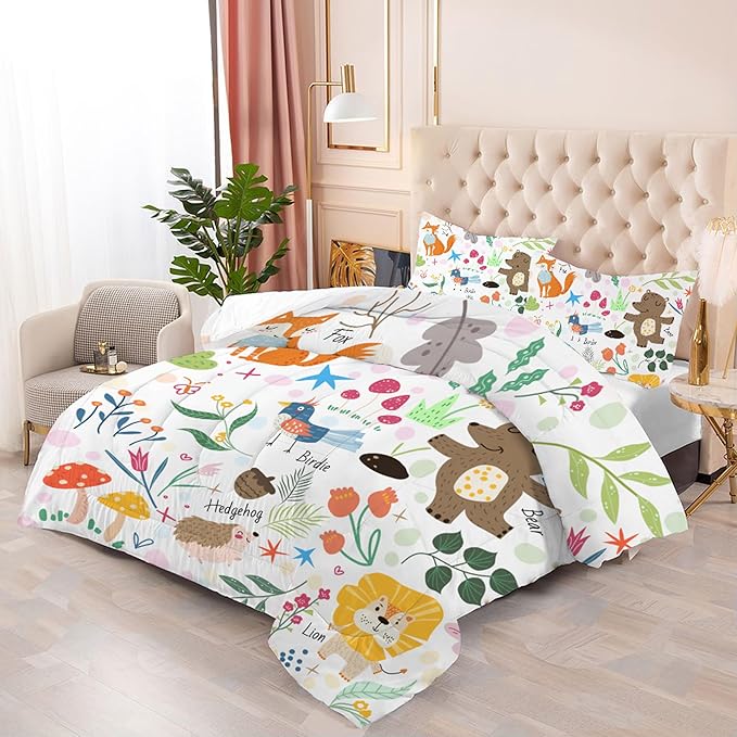 Comforter Set Cartoon Animals: Queen Size Cute Bedding Set for Kids Teen Girls Toddler Boys Kawaii Fox Bear Lion Flowers Soft Quilt Duvet Bed Sets 1 Comforter & 2 Pillowcases