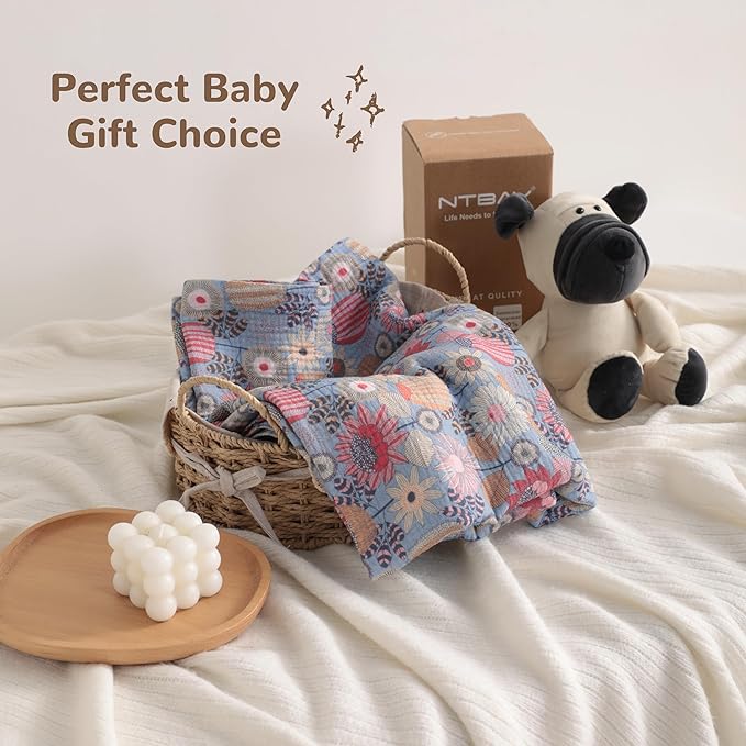 NTBAY 2 Layer Muslin Cotton Baby Swaddle Blanket, 42x60 Soft and Breathable Receiving for Newborns and Infants, Perfect for Crib, Stroller, Travel, Lightweight Nursery Blanket, Boho Flower