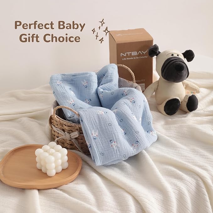 NTBAY 4 Layer Muslin Cotton Toddler Blanket, 30x40 Soft and Breathable Receiving for Newborns and Infants, Perfect for Crib, Stroller, Travel, Lightweight Nursery Blanket, Cloudy Bunny