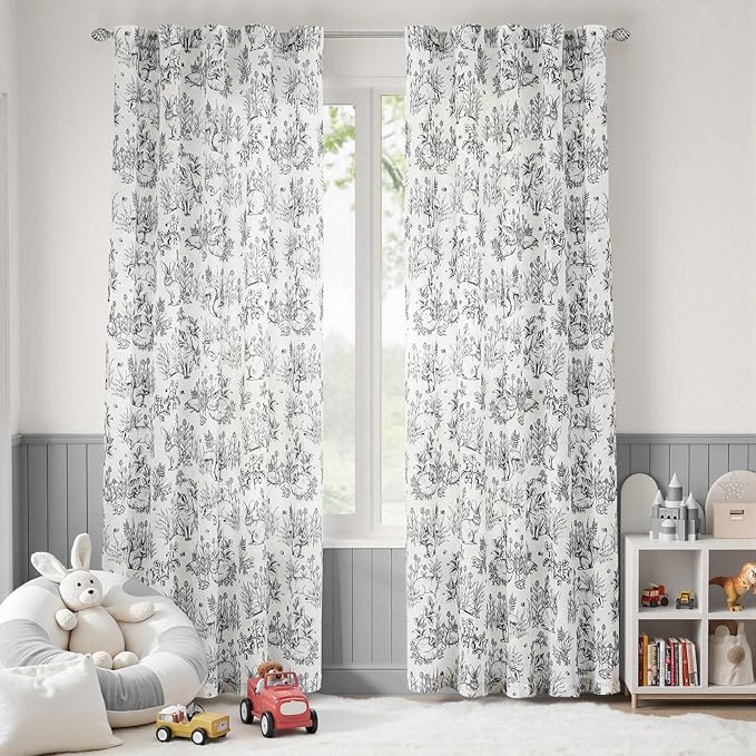jinchan Linen Nursery Curtains 84 inch Long Woodland Wildlife Black Print Drapes for Kid's Room Light Filtering French Country Farmhouse Curtains with Bunny and Forest Design Set of 2 Panels