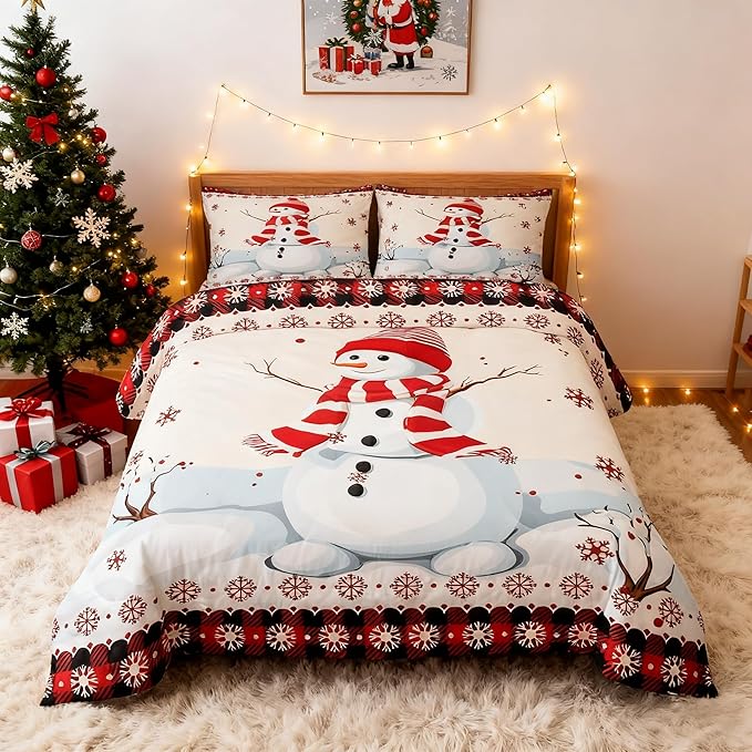 Kids Snowman Christmas Comforter Set King Size,Snowflake Romantic Bedding,Girls Boys Adults Bedroom/Xmas Cabin Decor,Geometric Grid Lattice Down Comforter,Rustic Farmhouse Duvet Insert,2 Pillowcases