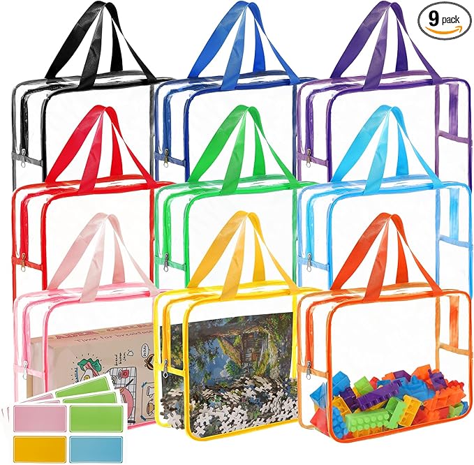 9 Packs Large Toy Storage Bags,Kids Toy Organizer with Zipper and Lables,Clear PVC Board Game Storage,Kids Organizer Bags for Building Blocks,Puzzle,Books...(9 Colors)