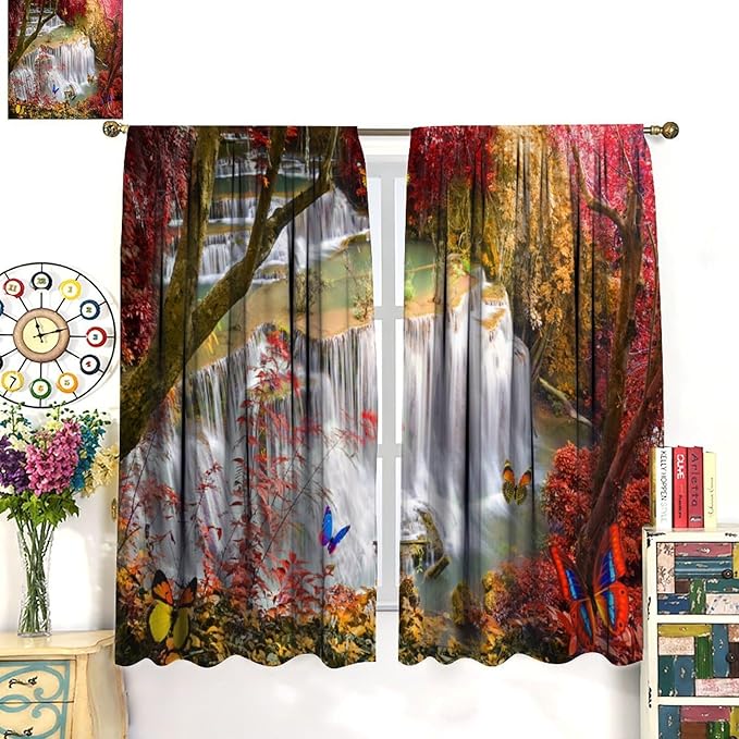 Landscape Blackout Curtains, Nature Forest Waterfall Butterfly Scenery Pattern Rod Pocket Window Drapes, for Bedroom Living Room 84" W X 84" L
