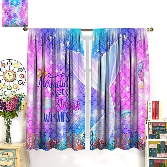 Kids Fantasy Mermaid Curtains Dream Colorful Mermaid Fish Tail Scale Fantasy Ocean Theme Window Treatment for Girls Bedroom Nursery Room Decor Window Drapes 42" W X 63" L