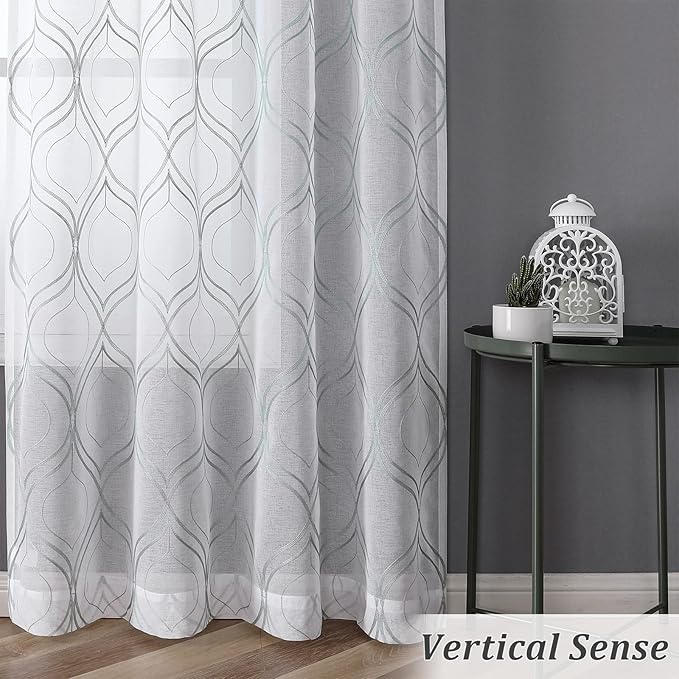 VISIONTEX White Sheer Curtains 72 Inches Long 2 Panels Set Green Moroccan Embroidered Curtains Trellis French Textured Rod Pocket Voile Tulle Semi Window Drapes for Bedroom Living Room 54 x 72 Inches