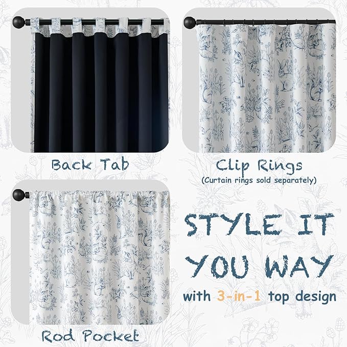 jinchan Blackout Nursery Curtains 72 Inches Long, Bunny Woodland Toile Curtains Blue on Beige Animal Printed Drapes for Bedroom Rod Pocket Thermal Insulated Farmhouse Window Treatment 2 Panels