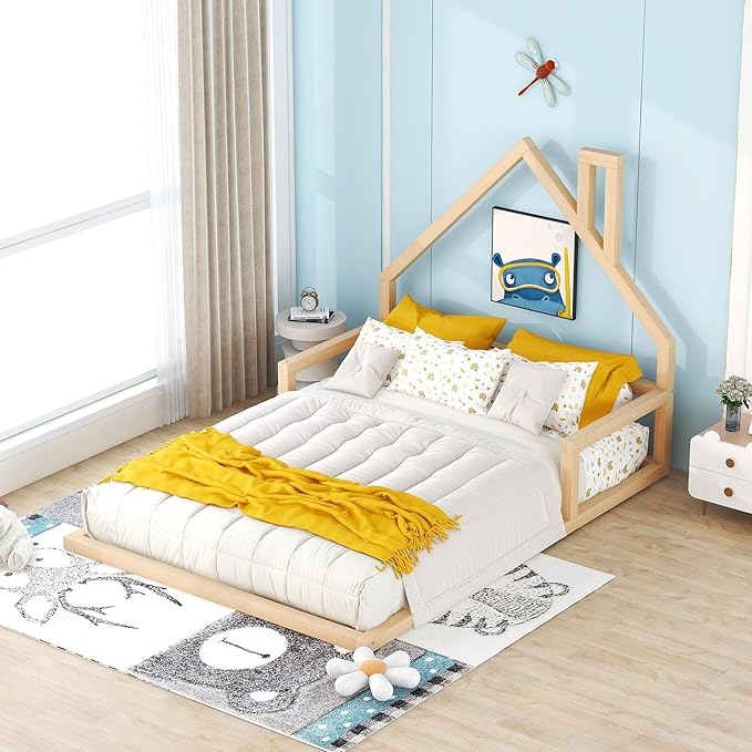 Harper & Bright Designs Full Size House Floor Bed, Montessori Floor Bed for Kids, Solid Wood Low Bed Frame for Bedroom, Playroom, Wooden Slats Support, Natural