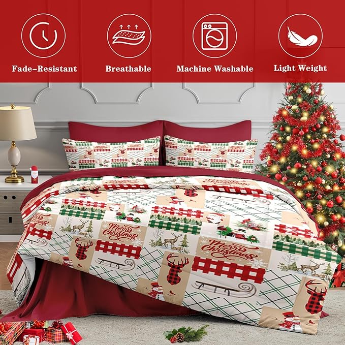 7 Pcs Full Size Christmas Comforter Set with 2 Pillowcases & 2 Shams, Winter Xmas Plaid Bedding for Kids and Adults, Cute Snowman Reindeer Bed in a Bag with Flat Fitted Sheet
