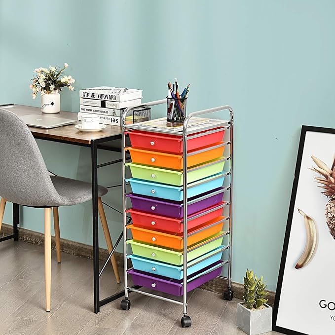 Storage Cart, Rolling Utility Cart with 10 Drawers, Portable Handles & Lockable Wheels, Mobile Paper Toys Storage Organizer Large Capacity for Home Office School Teacher (Multi-Color)