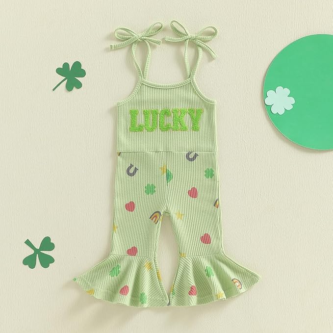 Toddler Baby Girl Valentines Day Outfit Love Sleeveless Tie-up Suspender Romper Bell Bottom Pants Spring Jumpsuit
