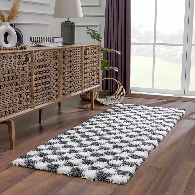 Hauteloom Atira Contemporary Checkered Fluffy Shag Area Rug - Modern Geometric Carpet Tiles for Living Room, Kids Room, Nursery - Plush Pile - White,Black - 8'10" x 12'