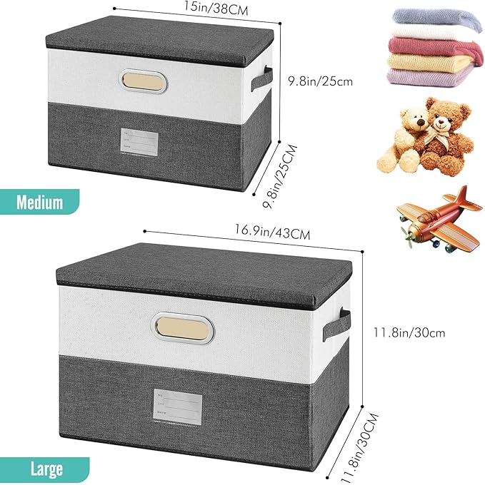 Large Linen Fabric Foldable Storage Bins with Removable Lid and Handles, Washable Storage Box Organizer Containers Baskets Cube with Cover for Bedroom,Closet,Office,Nursery(Grey&Cream, Medium)