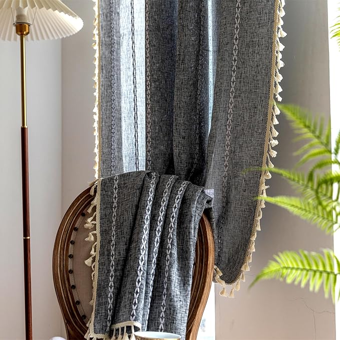 Deeprove Dark Coal Grey Boho Curtains 72 inches Length, Vintage Bohemian Embroidery Farmhouse Cotton Linen Fringe Window Treatments Nursery Bedroom Living Room Dinging Room Decor, W52 x L72, 1 Panel