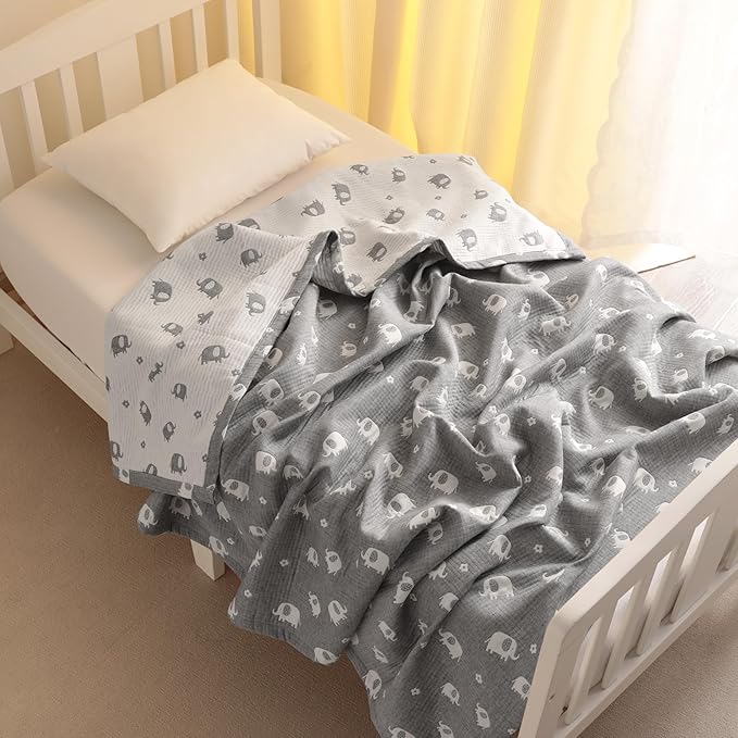 NTBAY 3 Layer Muslin Cotton Toddler Blanket, Jacquard Reversible Nursery Bed Blanket, Super Soft and Thermal for All Seasons, Decoration Gift, 30"x40", Dark Grey Elephant