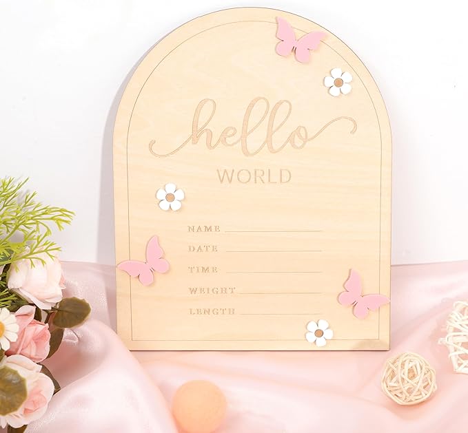 Hello World Newborn Sign - Baby Announcement Sign for Baby Showers, Pink Butterfly Newborn Birth Announcement Board, Daisy Wooden Milestone Card,Welcome.