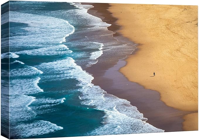 SIGNWIN Canvas Wall Art Serene Ocean Shoreline Aerial Beach View with Rolling Waves and Lone Surfer Photography Modern Art Rustic Landscape Relax/Calm for Living Room, Bedroom - 24"x36"