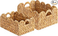 Set of 2 Scalloped Edge Wicker Storage Basket with Built-in Handles, Rectangle Water Hyacinth Basket for Organizing, Decorative Woven Rattan Basket for Shelf, Nursery Room
