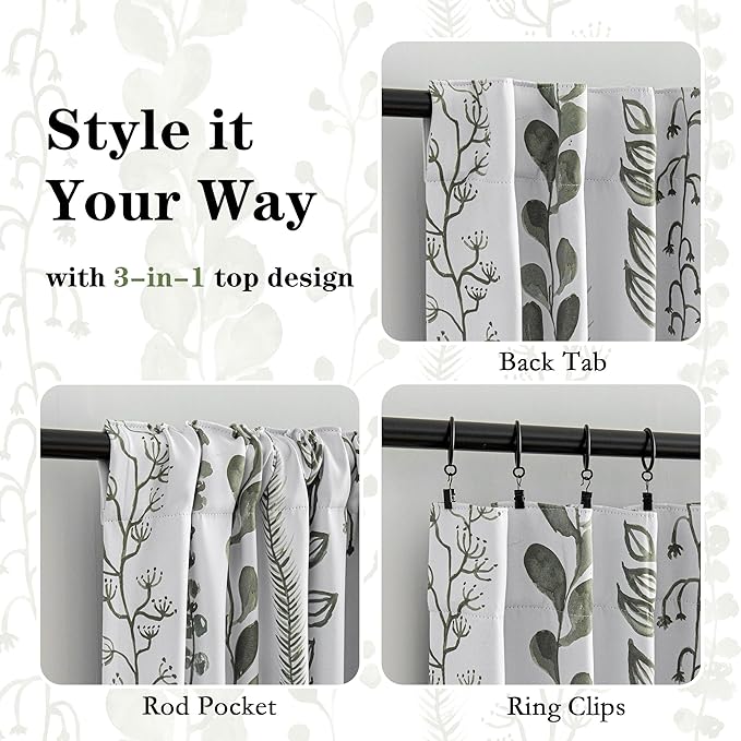 MEETSKY Sage Green Blackout Curtains 84 Inches Long 2 Panels Boho Curtains for Living Room Thermal Insulated Privacy Protection Rod Pocket Drapes for Bedroom, Leaf Print Window Treatment, 50" Wide