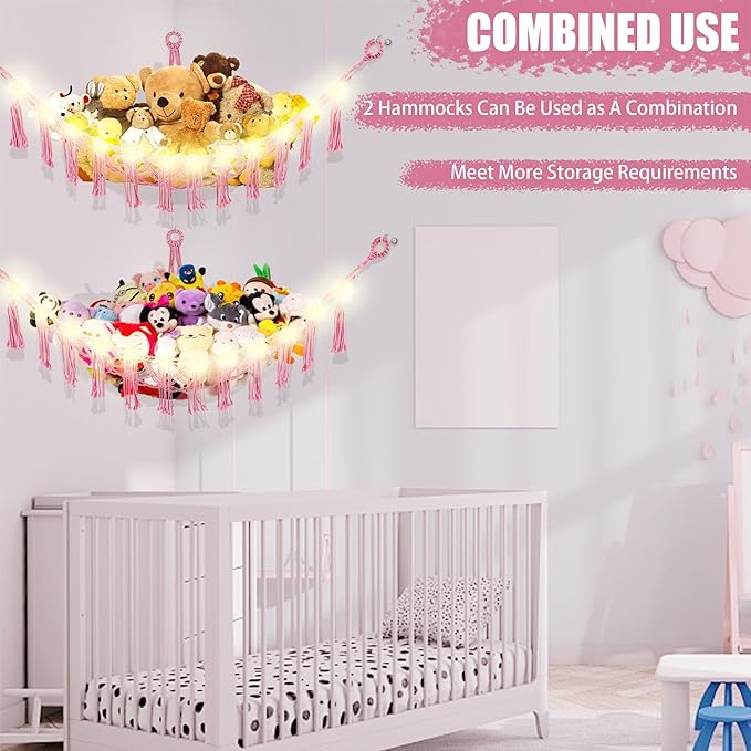 Stuffed Animal Hammock with LED Light, Large Stuffed Animals Storage Corner Plushie Net for Kids Room Decor, 2 Packs Pink