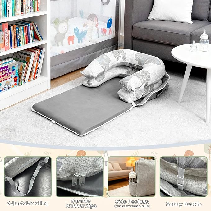3-in-1 Baby Lounger Nests for Newborn, Foldable Infant Tummy Time Mat & Seated Support for 0-24M, Breathable Portable Baby Essentials Adjustable Soft Cotton Floor Seat for Home & Travel -Leaves