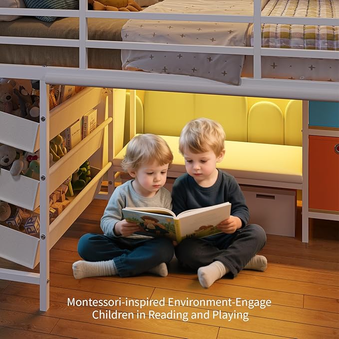 DICTAC Low Loft Bed Twin Size with Reading Corner Metal Twin Loft Bed with LED Lights,Sling Drawers and Bookshelf,loft Bed with Storage Basket and Bins,13.98" H Safety Guardrail and Stairs,White
