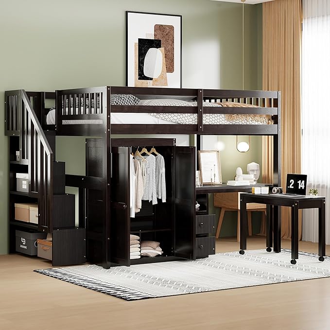 Merax Kids Full Multifunction Loft Bed with Desk/Wardrobe, Wood Storage Loft Bed with Staircase, Bookshelf & Drawers, No Box Spring Needed, Space Saving, Espresso