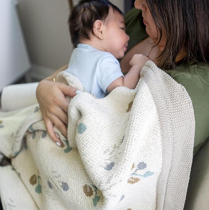 Crane Baby 100% Organic Cotton Knit Baby Blanket with Poppy Design, Soft Reversible Stroller and Crib Blanket, Gender Neutral Multicolor Bohemian